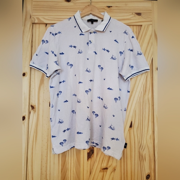 Ted Baker Size 3 White & Blue Pattern Cotton Polo Shirt - Picture 1 of 5